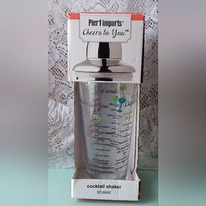 NEW/OPEN BOX PIER 1 IMPORTS CHEERS TO YOU COCKTAIL SHAKER W/STRAINER/SHOT GLASS